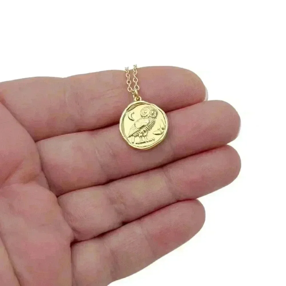 Gold coin owl necklace necklace Athena dainty minimalist jewelry